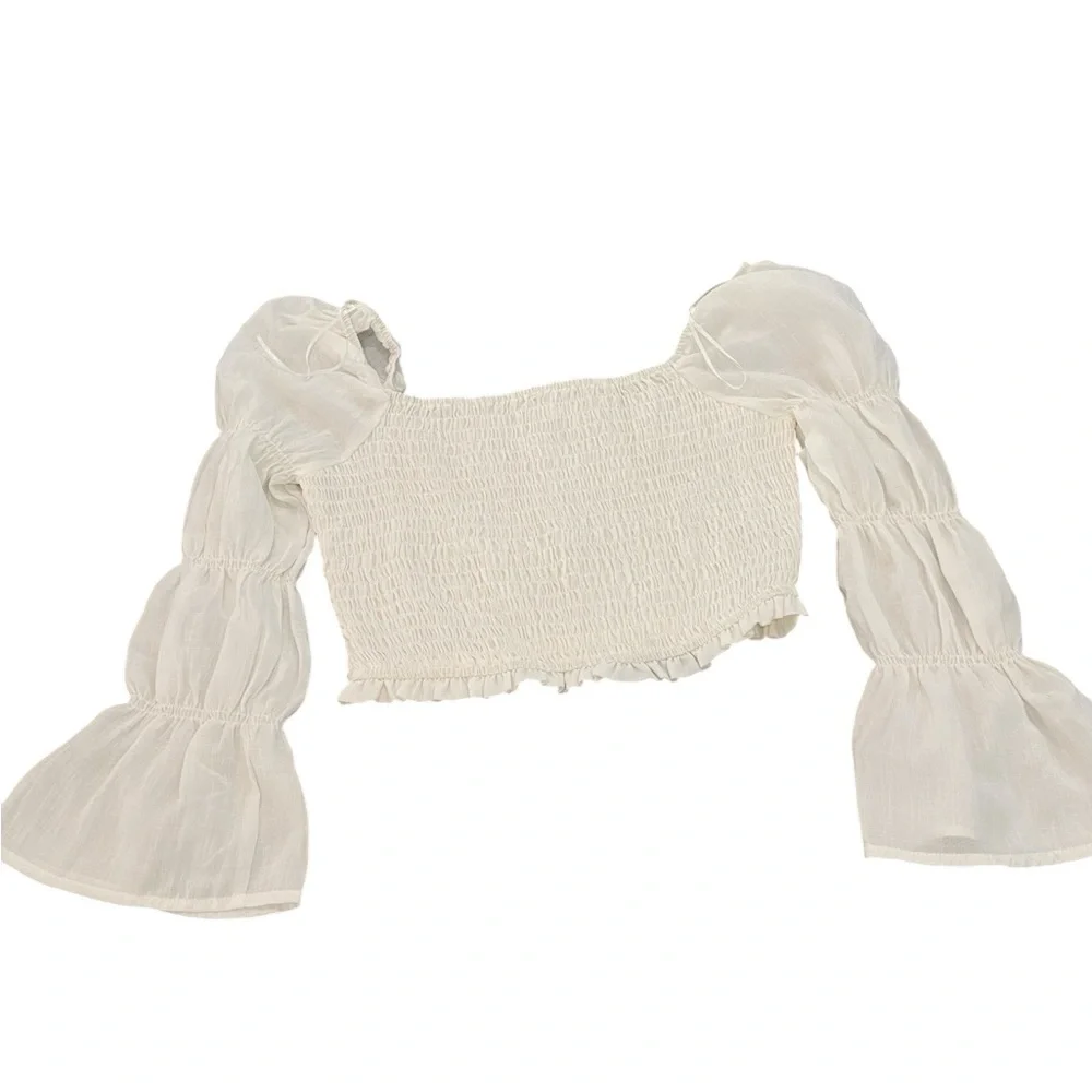 Le Lis cream cropped shirred top with puff long sleeves